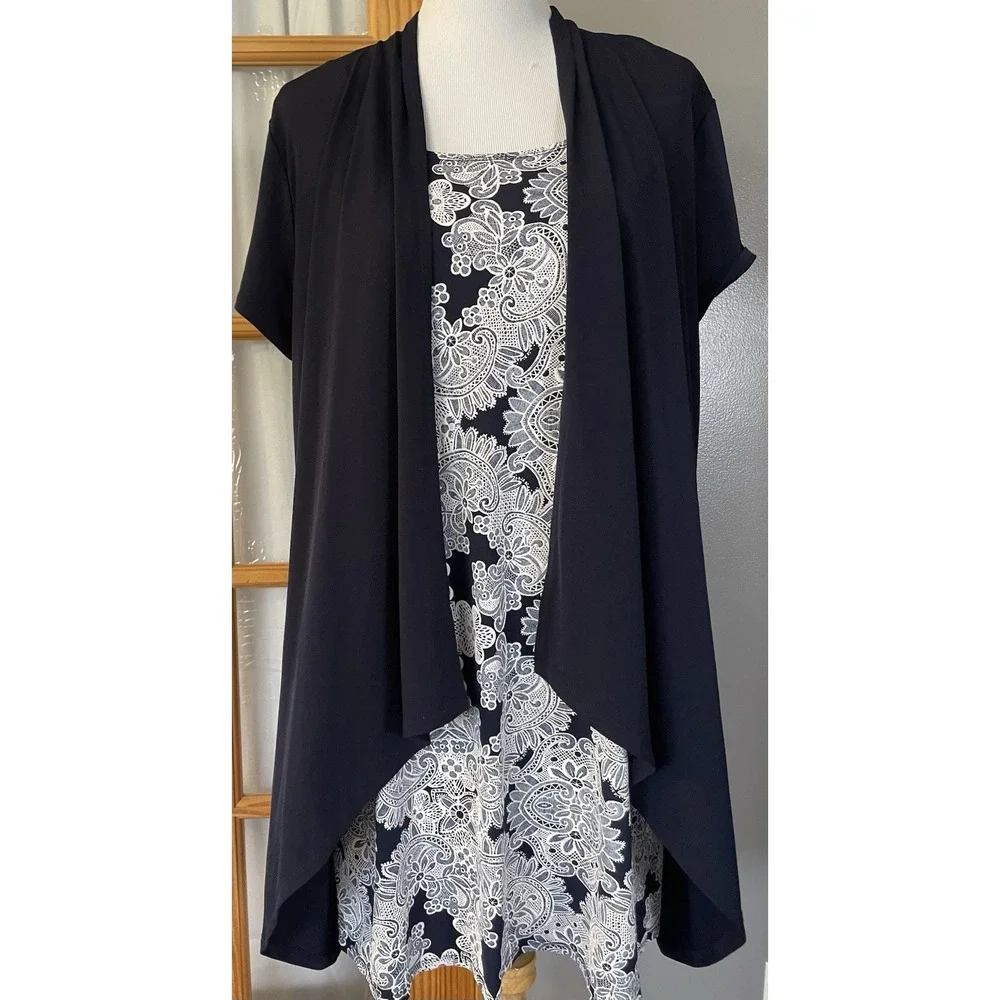 90s Enfocus Floral Embroidery Layered Dress Womans 18W 1-pc Navy White Lagenlook